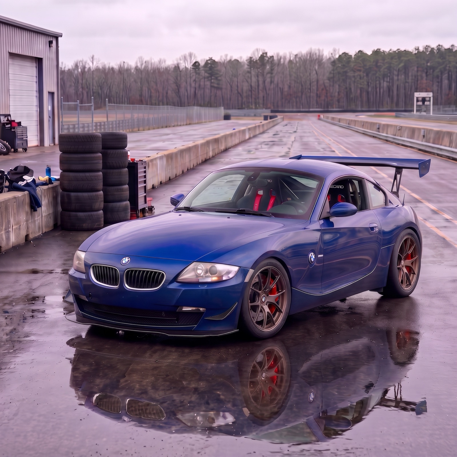 AI-generated render of the E86 as a finished track car: bronze forged wheels, red calipers, a carbon front splitter with canards, a tall rear wing, and Recaro seats with a rollbar behind them, parked on a wet pit lane